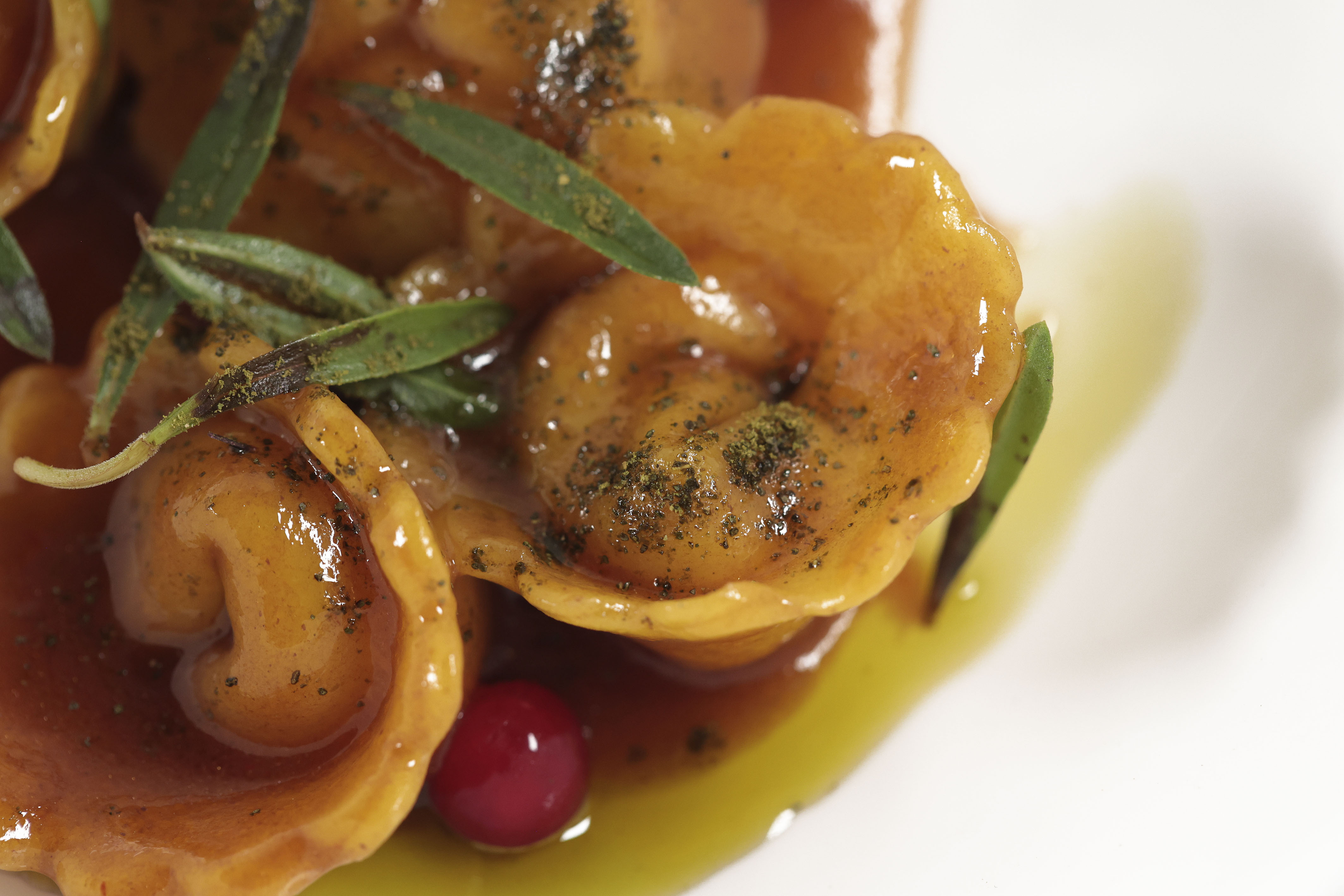 Tortello alle tre carni, ribes ghiacciati, pecorino stravecchio